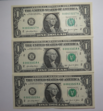 Load image into Gallery viewer, 3 $1 2021 Consecutive Low Serial Numbers Federal Reserve Bank Notes New York