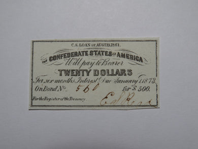 $20 1861 Confederate Bond Coupon Certificate Currency Bank Note Bill UNC