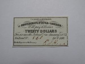 $20 1861 Confederate Bond Coupon Certificate Currency Bank Note Bill UNC