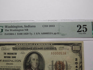 $100 1929 Washington Indiana IN National Currency Bank Note Bill Ch #2043 VF25