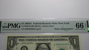 $1 2003 Radar Serial Number Federal Reserve Currency Bank Note Bill PMG UNC66EPQ