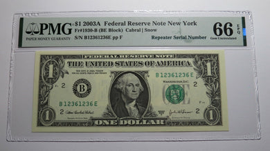 $1 2003 Repeater Serial Number Federal Reserve Currency Bank Note Bill PMG UNC66