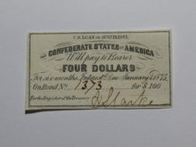 Load image into Gallery viewer, $4 1861 Confederate Bond Coupon Certificate Currency Bank Note Bill UNC