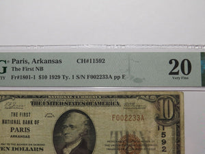 $10 1929 Paris Arkansas AR National Currency Bank Note Bill Ch. #11592 VF20 PMG