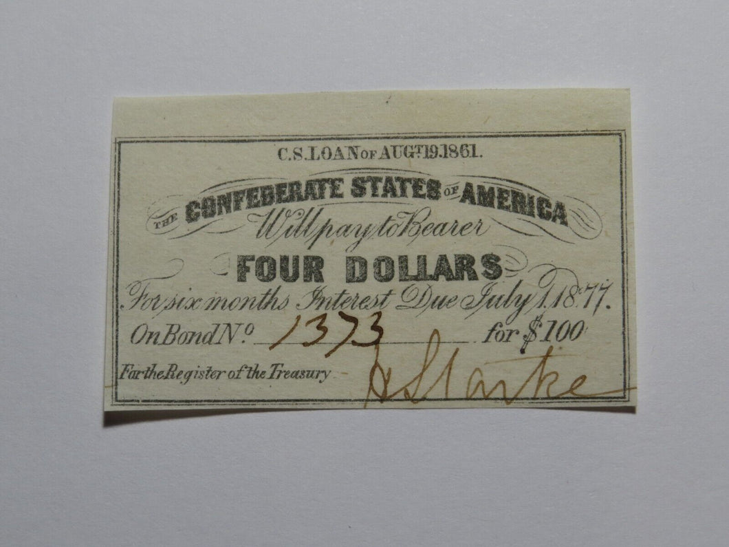 $4 1861 Confederate Bond Coupon Certificate Currency Bank Note Bill UNC