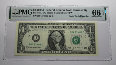 $1 2003 Radar Serial Number Federal Reserve Currency Bank Note Bill PMG UNC66EPQ