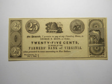 $.25 1839 Winchester Virginia Obsolete Currency Bank Note Bill Farmers Bank UNC+