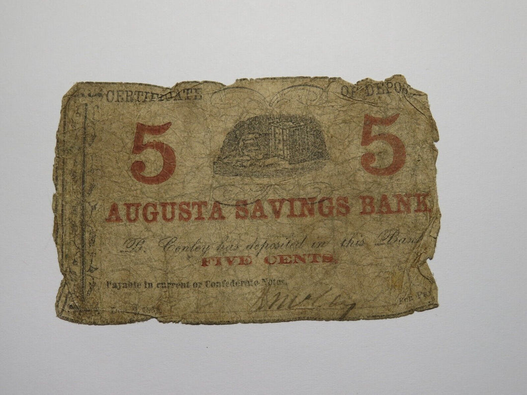 $.05 1861 Augusta Georgia GA Obsolete Currency Bank Note Bill Augusta Savings