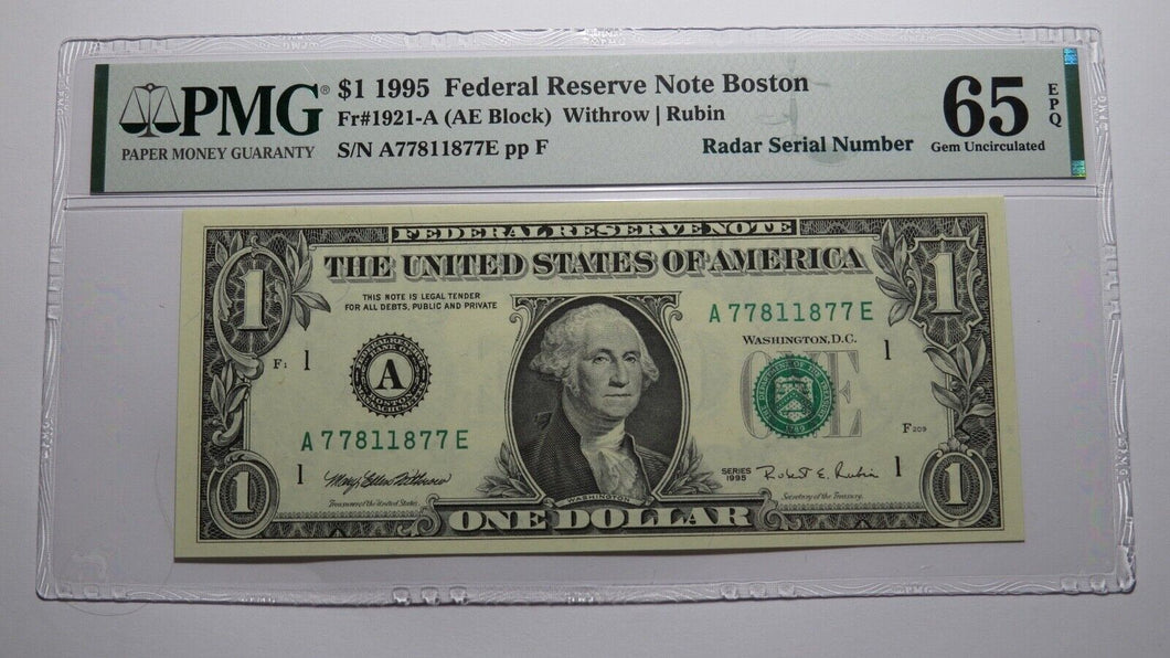 $1 1995 Radar Serial Number Federal Reserve Currency Bank Note Bill PMG UNC65EPQ