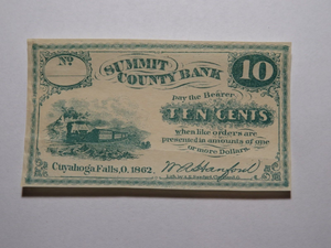 $.10 1862 Cuyahoga Falls Ohio OH Obsolete Currency Bank Note Bill Summit County