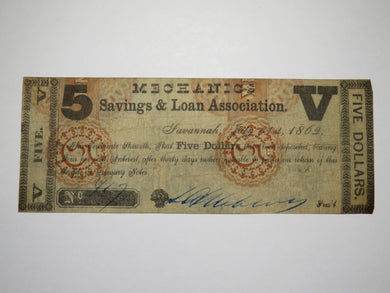 $5 1862 Savannah Georgia GA Obsolete Currency Bank Note Bill Mechanics Savings