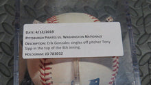 Load image into Gallery viewer, 2019 Erik Gonzalez Pittsburgh Pirates Game Used Single Baseball 1B Hit Tony Sipp