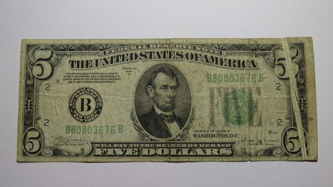 $5 1934-B Gutter Fold Error Federal Reserve Bank Note Currency Bill! Big Fold!