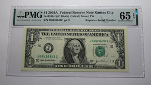 $1 2003 Repeater Serial Number Federal Reserve Currency Bank Note Bill PMG UNC65
