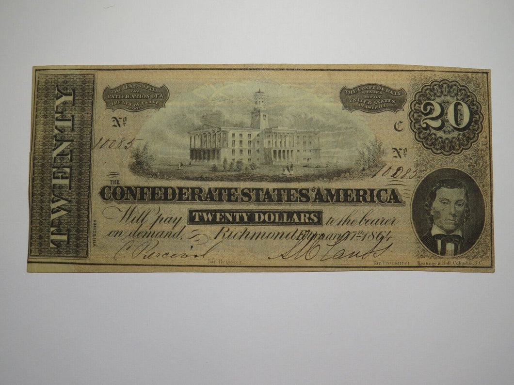 $20 1864 Richmond Virginia Confederate Currency Bank Note Bill RARE T67 VF++