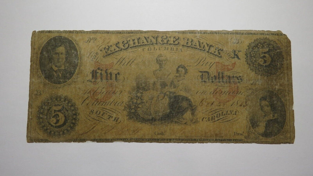 $5 1853 Columbia South Carolina SC Obsolete Currency Bank Note Bill! Exchange