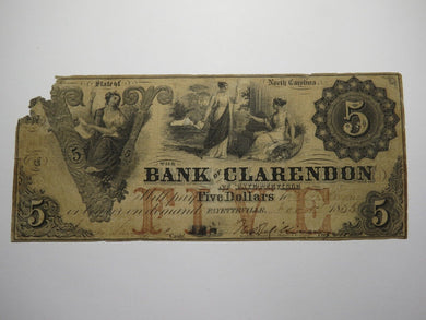 $5 1855 Fayetteville North Carolina Obsolete Currency Bank Note Bill Clarendon