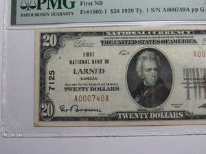 $20 1929 Larned Kansas KS National Currency Bank Note Bill Ch. #7125 VF30 PMG