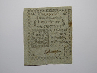 1777 Two Pence Hartford Connecticut CT Blue Paper Colonial Currency Note Bill AU