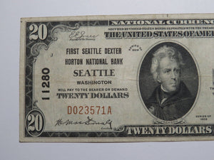 $20 1929 Seattle Washington WA National Currency Bank Note Bill Ch. #11280 VF+