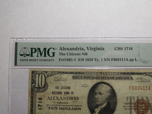 $10 1929 Alexandria Virginia VA National Currency Bank Note Bill #1716 VF20 PMG