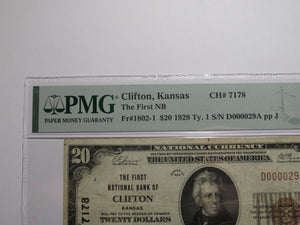 $20 1929 Clifton Kansas KS National Currency Bank Note Bill Ch. #7178 VF25 PMG