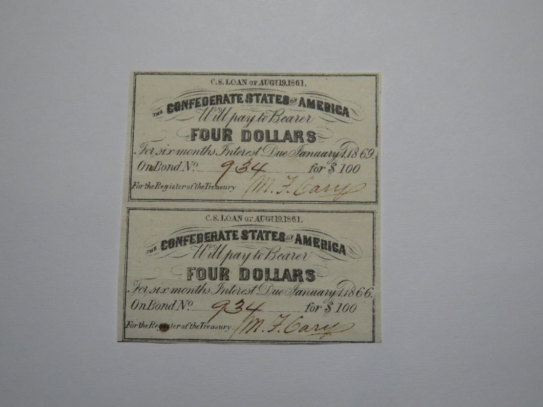 $4 1861 Confederate Bond Coupon Certificate Uncut Sheet Currency Bank Note Bill