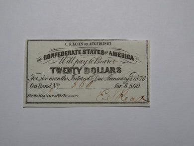 $20 1861 Confederate Bond Coupon Certificate Currency Bank Note Bill UNC