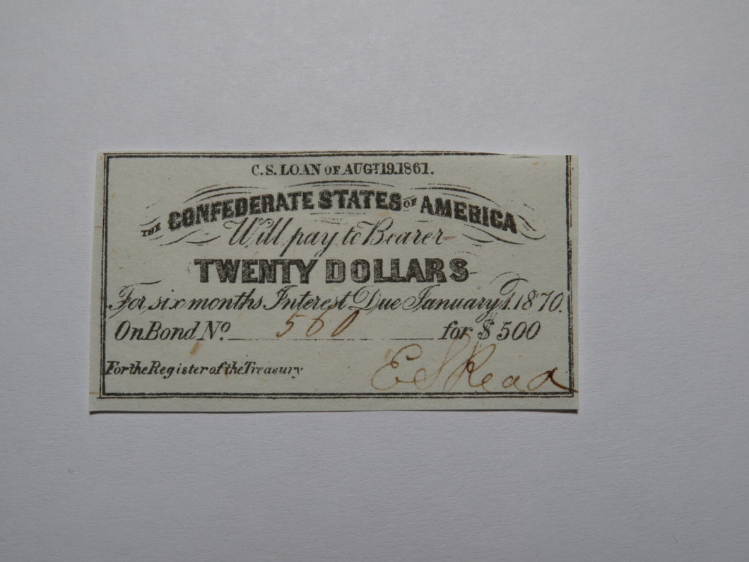 $20 1861 Confederate Bond Coupon Certificate Currency Bank Note Bill UNC