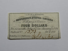 Load image into Gallery viewer, $4 1861 Confederate Bond Coupon Certificate Currency Bank Note Bill UNC