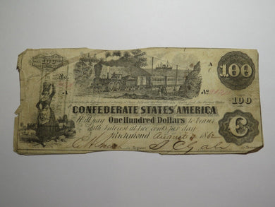$100 1862 Richmond Virginia VA Confederate Currency Bank Note Bill RARE T39