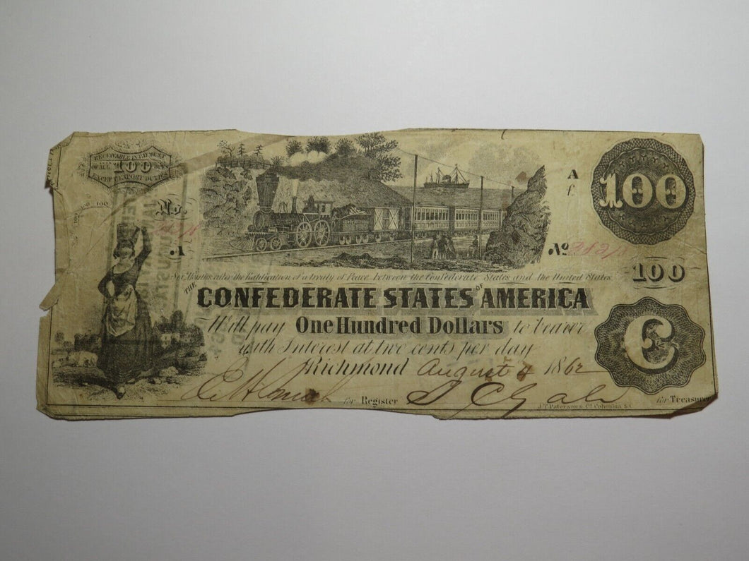 $100 1862 Richmond Virginia VA Confederate Currency Bank Note Bill RARE T39