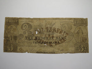 $3 1849 Waldoboro Maine ME Obsolete Currency Bank Note Bill The Medomak Bank