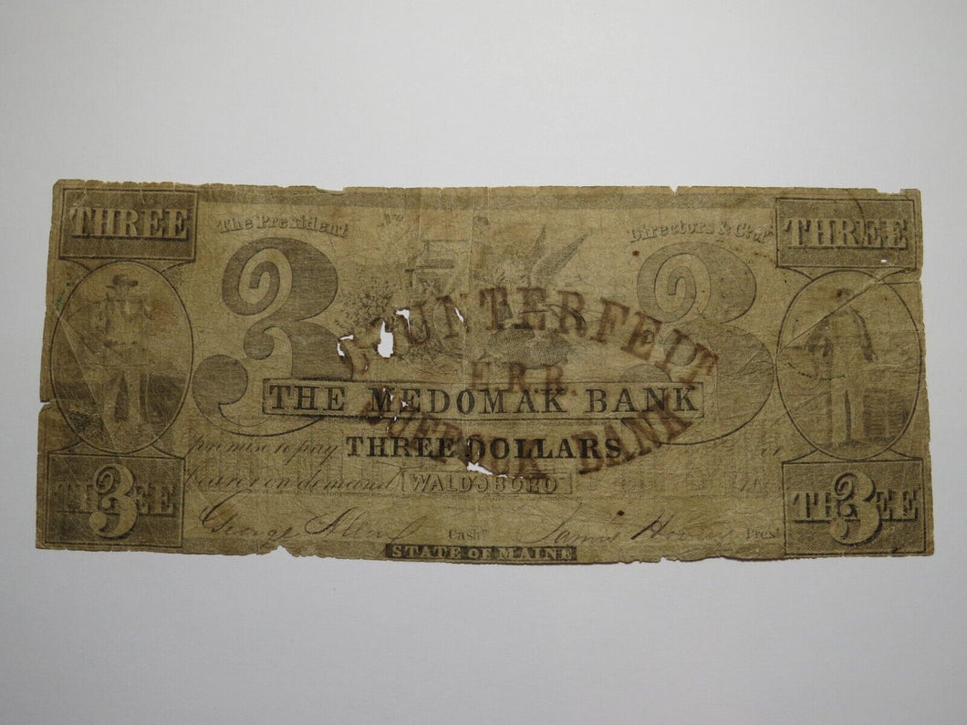 $3 1849 Waldoboro Maine ME Obsolete Currency Bank Note Bill The Medomak Bank