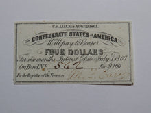 Load image into Gallery viewer, $4 1861 Confederate Bond Coupon Certificate Currency Bank Note Bill UNC