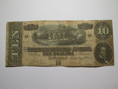 $10 1864 Richmond Virginia VA Confederate Currency Bank Note Bill RARE T68 VG