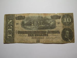 $10 1864 Richmond Virginia VA Confederate Currency Bank Note Bill RARE T68 VG