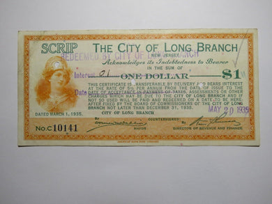 $1 1935 Long Branch New Jersey NJ Obsolete Currency Bank Note Scrip City of LB