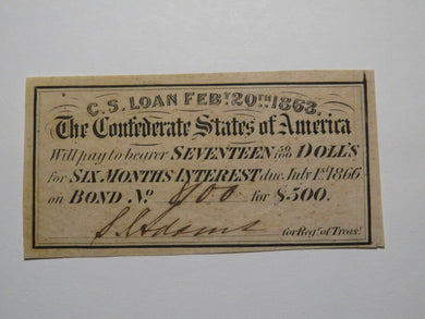 $17.50 1863 Confederate Bond Coupon Certificate Currency Bank Note Bill UNC