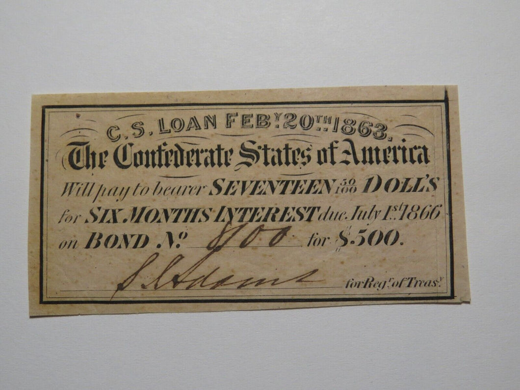 $17.50 1863 Confederate Bond Coupon Certificate Currency Bank Note Bill UNC