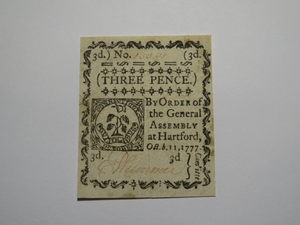 1777 Three Pence Hartford Connecticut CT White Paper Colonial Currency Note Bill