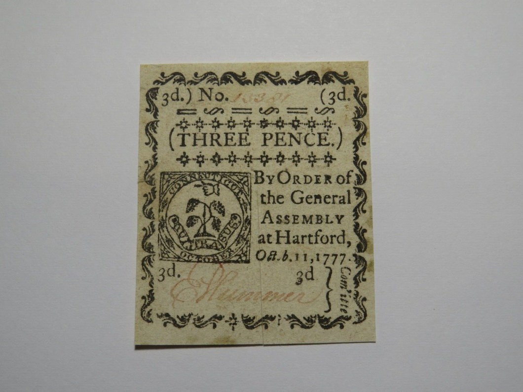 1777 Three Pence Hartford Connecticut CT White Paper Colonial Currency Note Bill