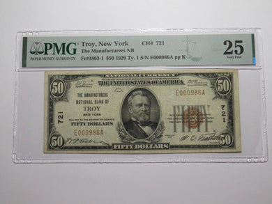 $50 1929 Troy New York NY National Currency Bank Note Bill Ch. #721 VF25 PMG