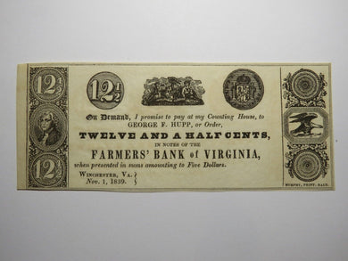 $.12 1839 Winchester Virginia Obsolete Currency Bank Note Bill Farmers Bank UNC+