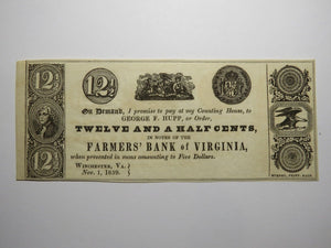 $.12 1839 Winchester Virginia Obsolete Currency Bank Note Bill Farmers Bank UNC+
