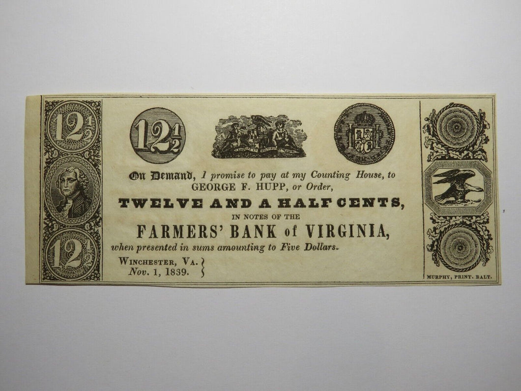 $.12 1839 Winchester Virginia Obsolete Currency Bank Note Bill Farmers Bank UNC+