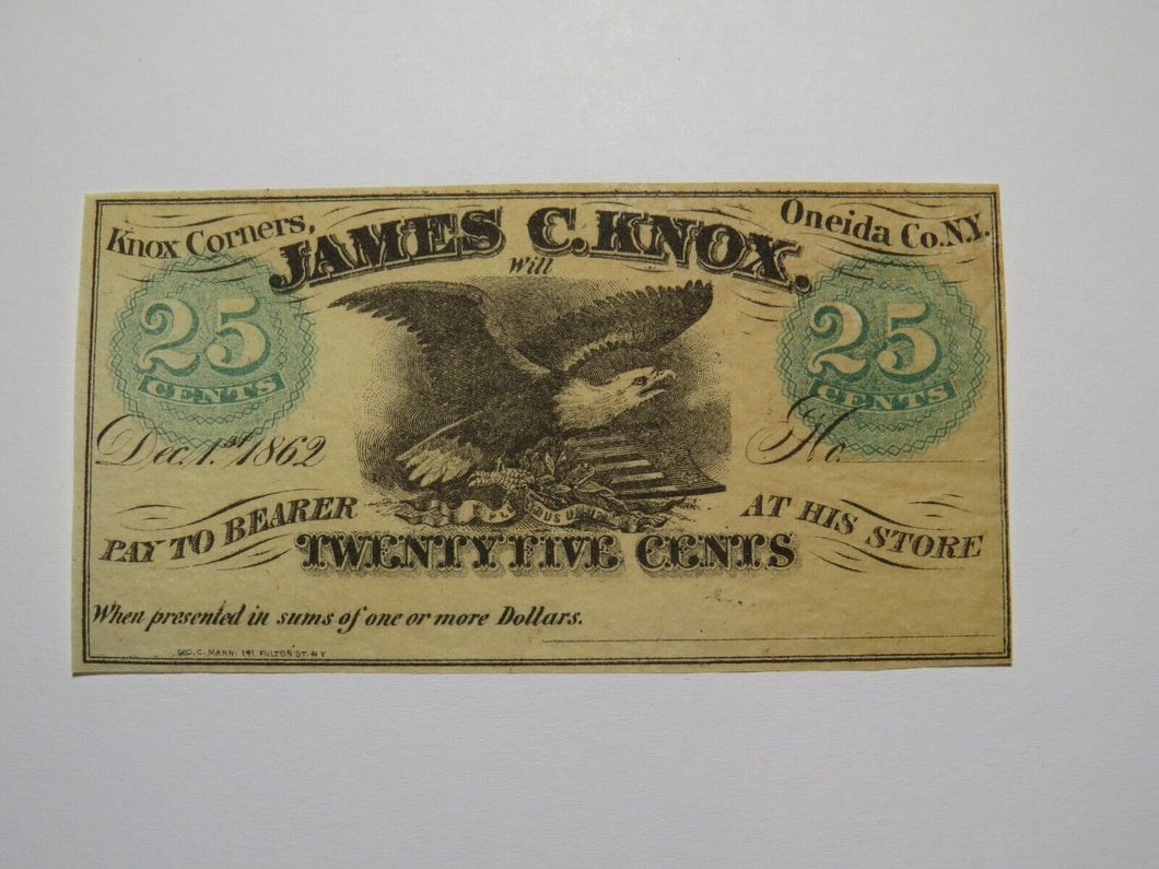 $.25 1862 Knox Corners New York NY Obsolete Currency Bank Note Bill Oneida Co.
