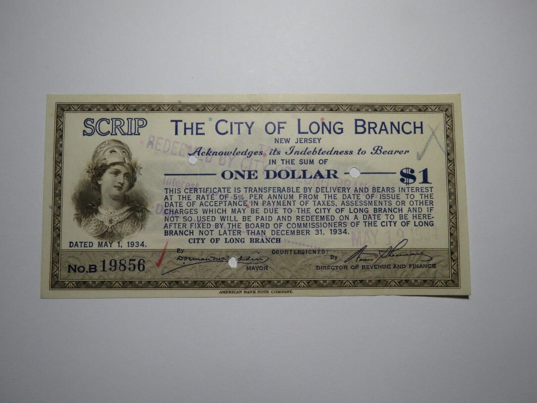 $1 1934 Long Branch New Jersey NJ Obsolete Currency Bank Note Scrip City of LB!