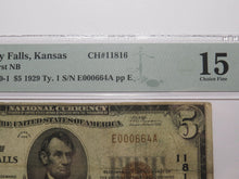 Load image into Gallery viewer, $5 1929 Valley Falls Kansas KS National Currency Bank Note Bill #11816 F15 PMG