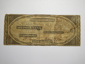 $2 1843 Boston Massachusetts MA Obsolete Currency Bank Note Bill Suffolk Bank